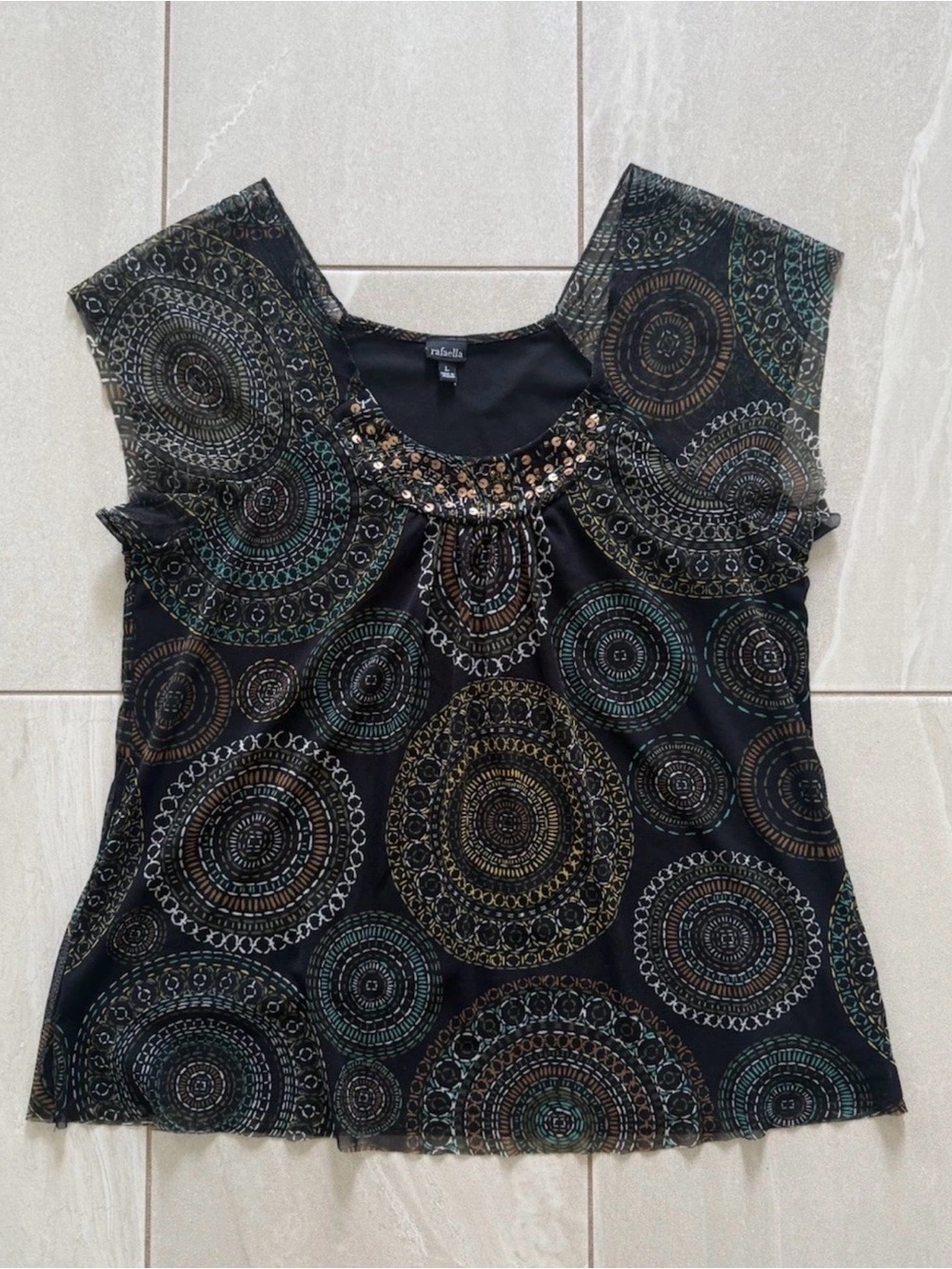 Rafaella Embellished Flutter Sleeve Medallion Print Blouse Large